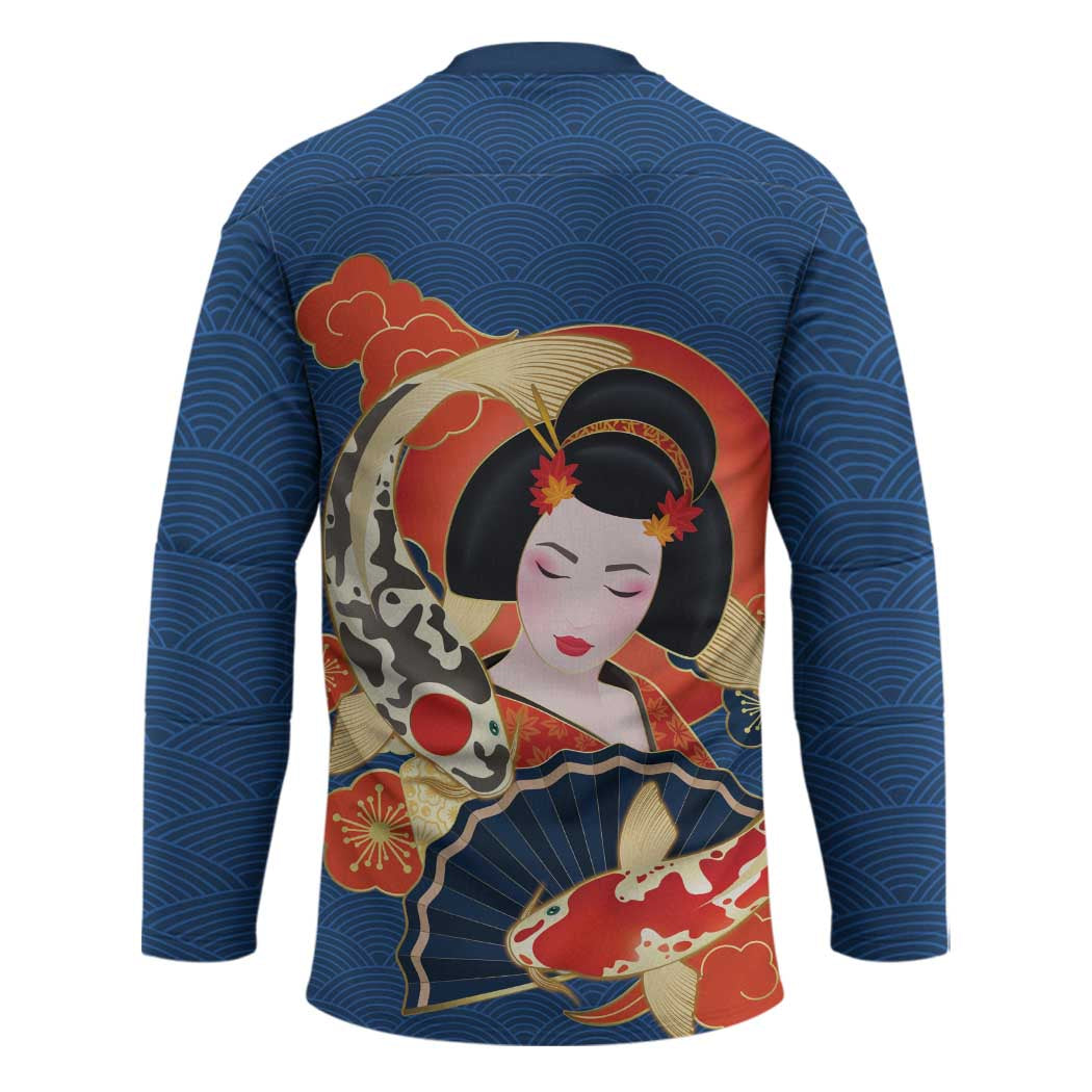 Japanese Geisha Koi Fish Hockey Jersey Cherry Blossoms Blue Seigaiha Pattern LT14 - Polynesian Pride