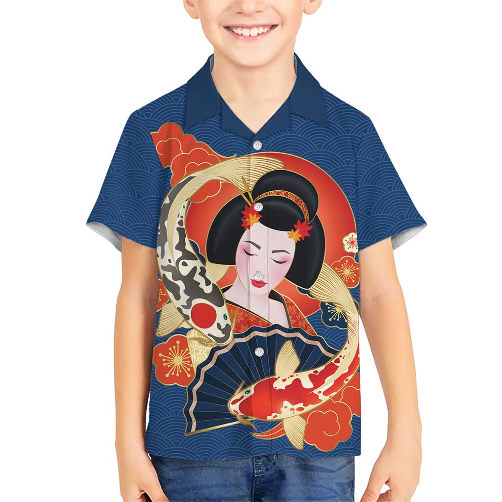 Japanese Geisha Koi Fish Kid Hawaiian Shirt Cherry Blossoms Blue Seigaiha Pattern LT14 Kid Blue - Polynesian Pride
