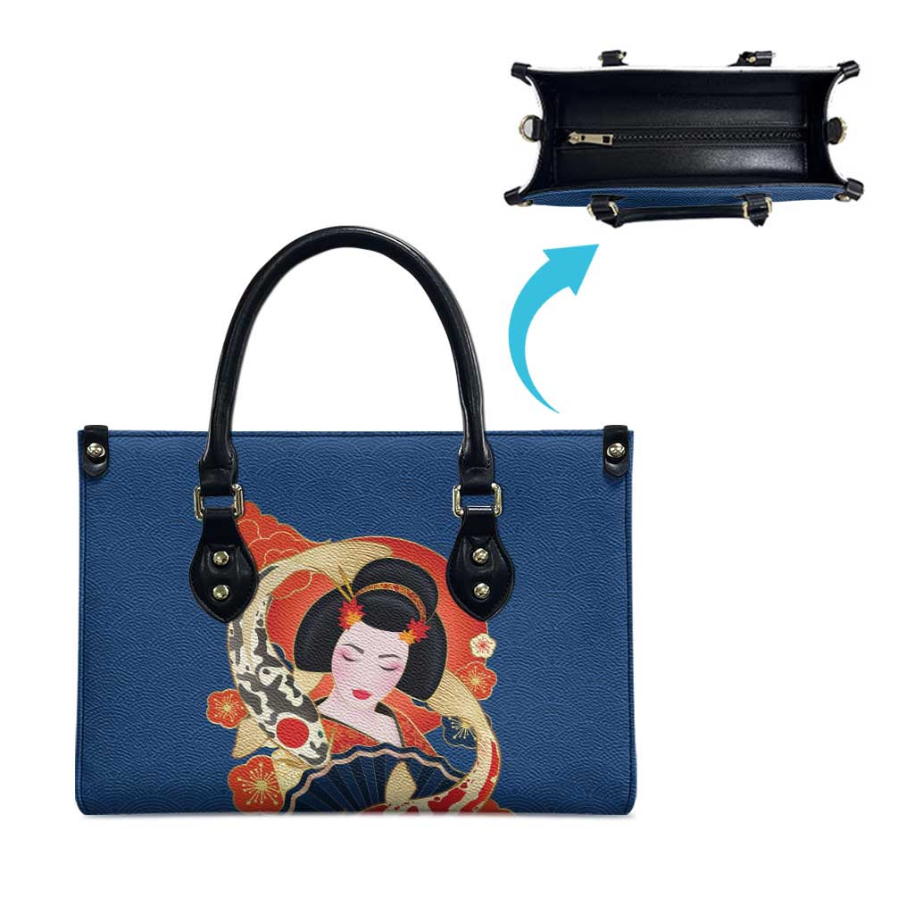 Japanese Geisha Koi Fish Leather Bag Cherry Blossoms Blue Seigaiha Pattern - Polynesian Pride
