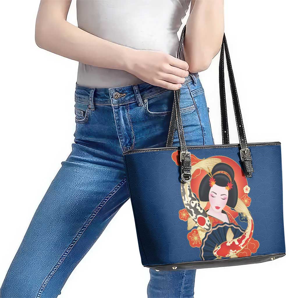 Japanese Geisha Koi Fish Leather Tote Bag Cherry Blossoms Blue Seigaiha Pattern LT14 - Polynesian Pride