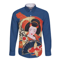 Japanese Geisha Koi Fish Long Sleeve Button Shirt Cherry Blossoms Blue Seigaiha Pattern - Polynesian Pride