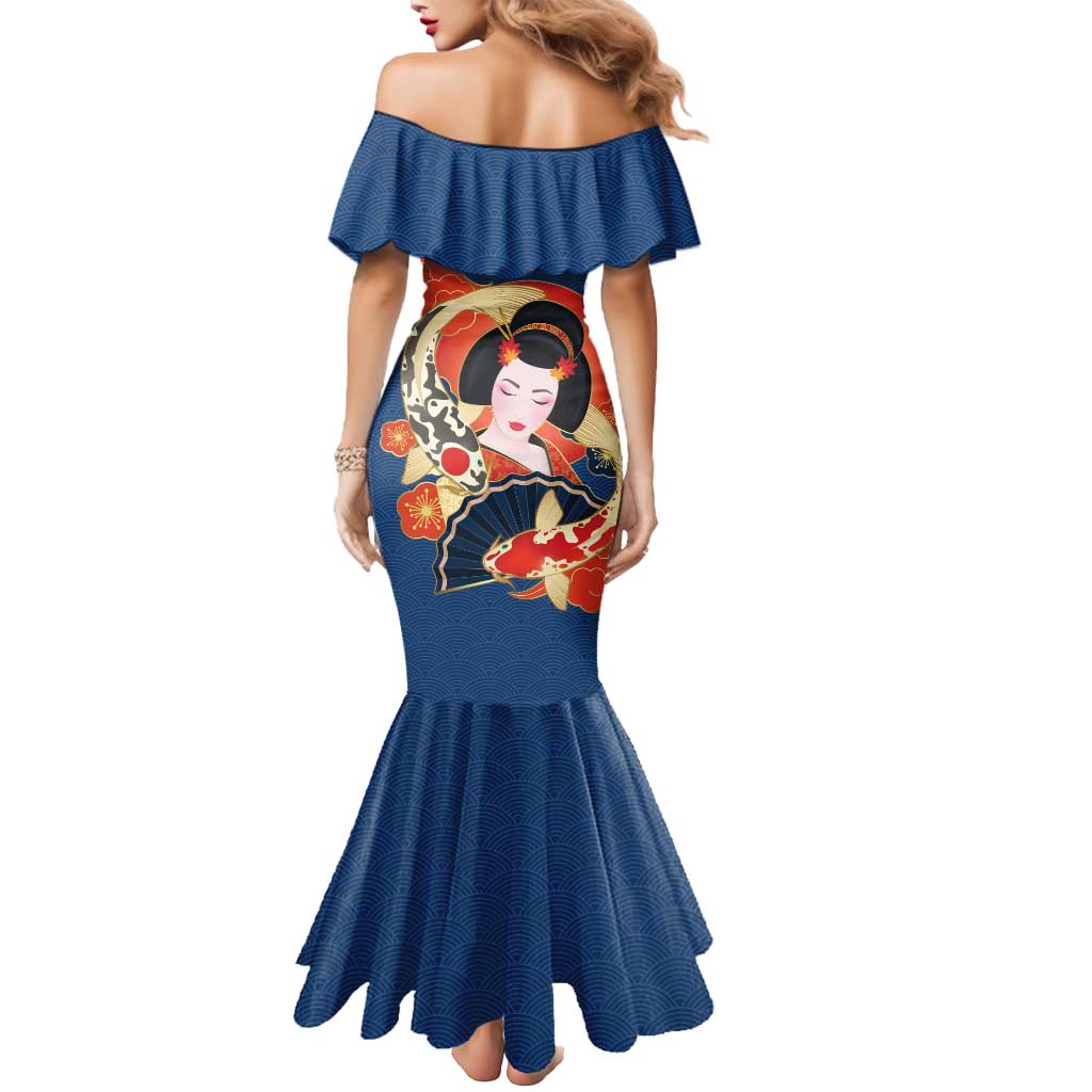 Japanese Geisha Koi Fish Mermaid Dress Cherry Blossoms Blue Seigaiha Pattern LT14 - Polynesian Pride