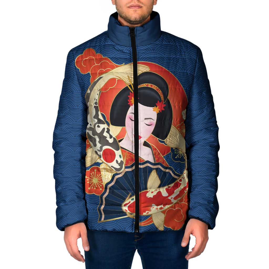 Japanese Geisha Koi Fish Padded Jacket Cherry Blossoms Blue Seigaiha Pattern - Polynesian Pride