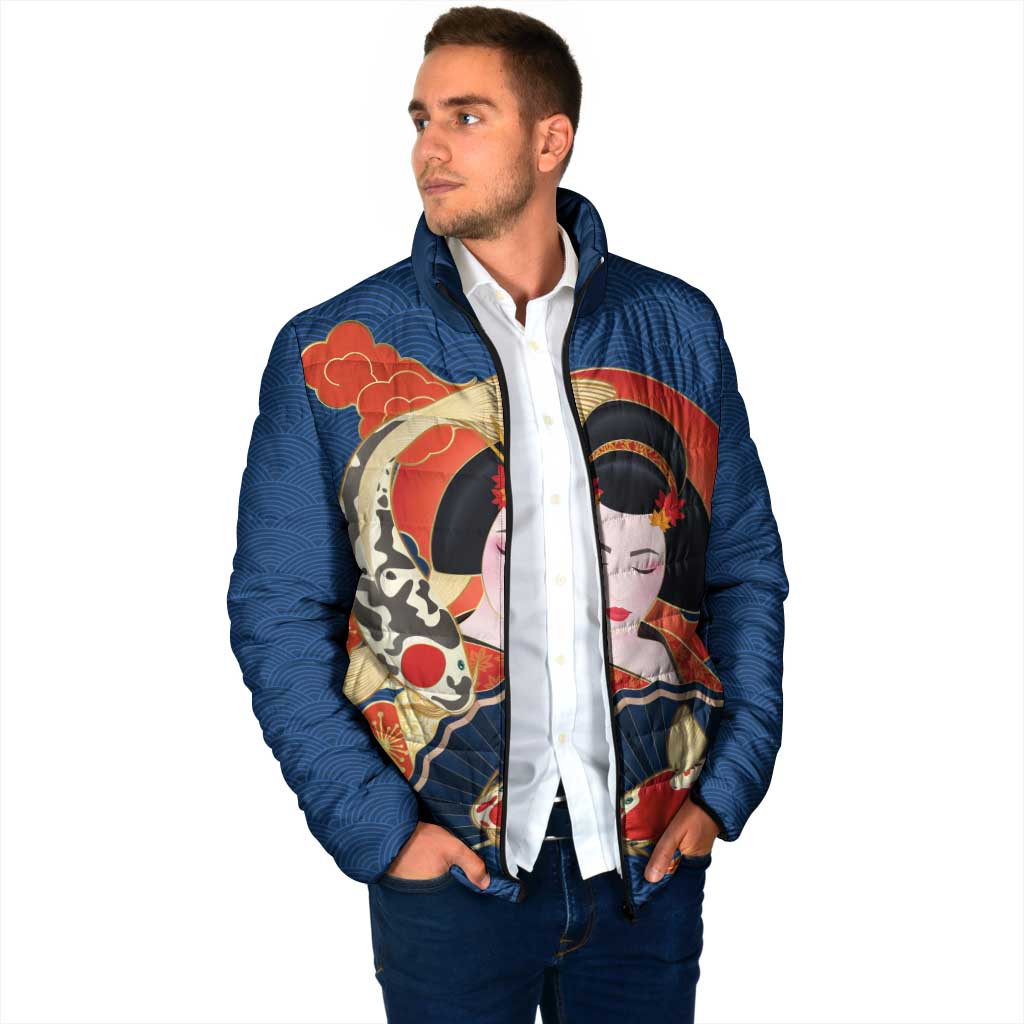 Japanese Geisha Koi Fish Padded Jacket Cherry Blossoms Blue Seigaiha Pattern - Polynesian Pride