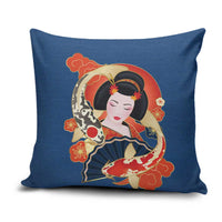 Japanese Geisha Koi Fish Pillow Cover Cherry Blossoms Blue Seigaiha Pattern LT14 Blue - Polynesian Pride