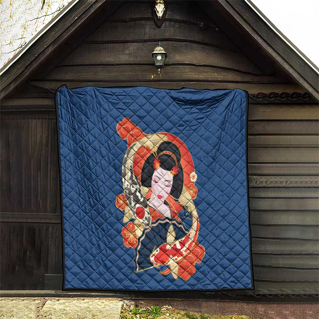 Japanese Geisha Koi Fish Quilt Cherry Blossoms Blue Seigaiha Pattern LT14 - Polynesian Pride