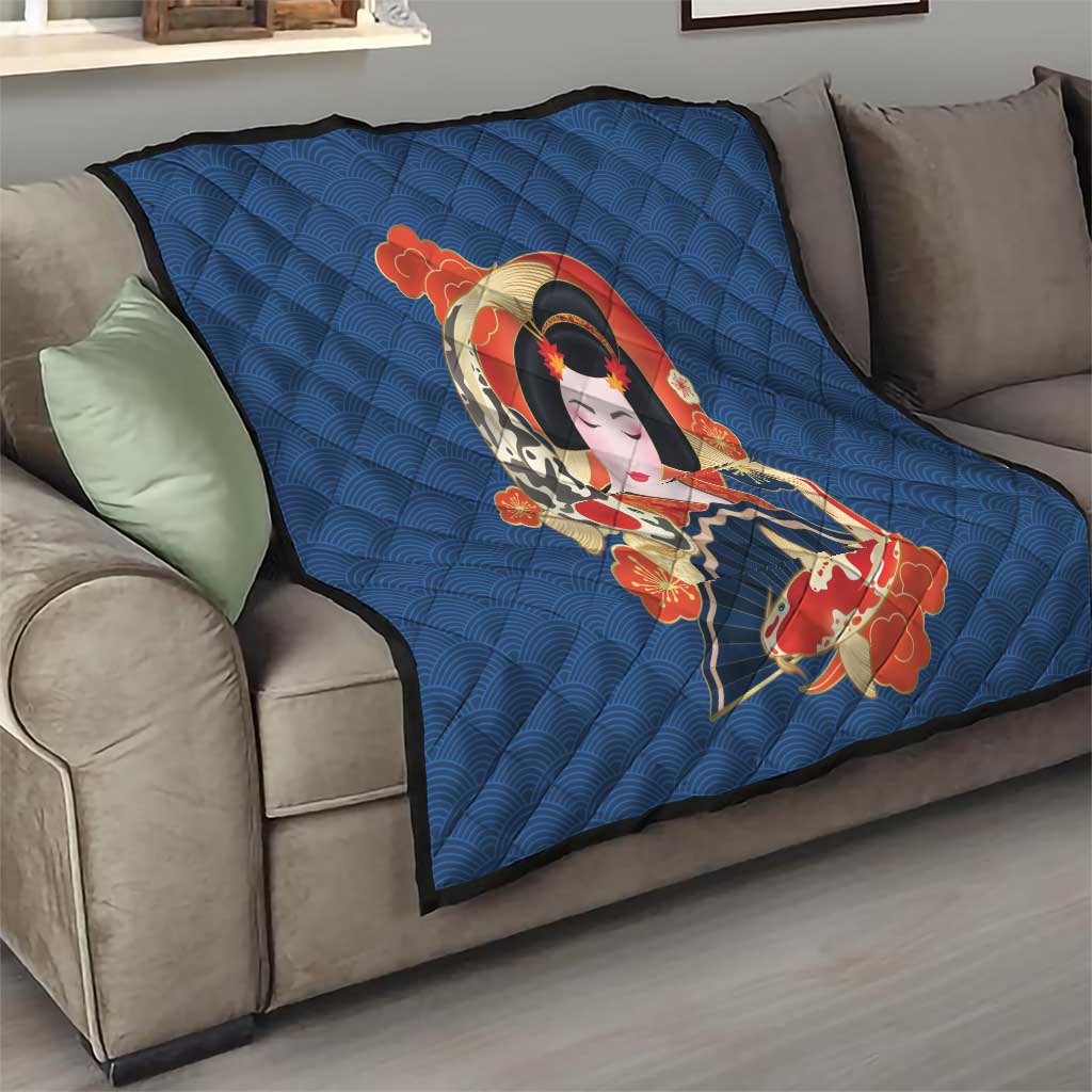 Japanese Geisha Koi Fish Quilt Cherry Blossoms Blue Seigaiha Pattern LT14 - Polynesian Pride