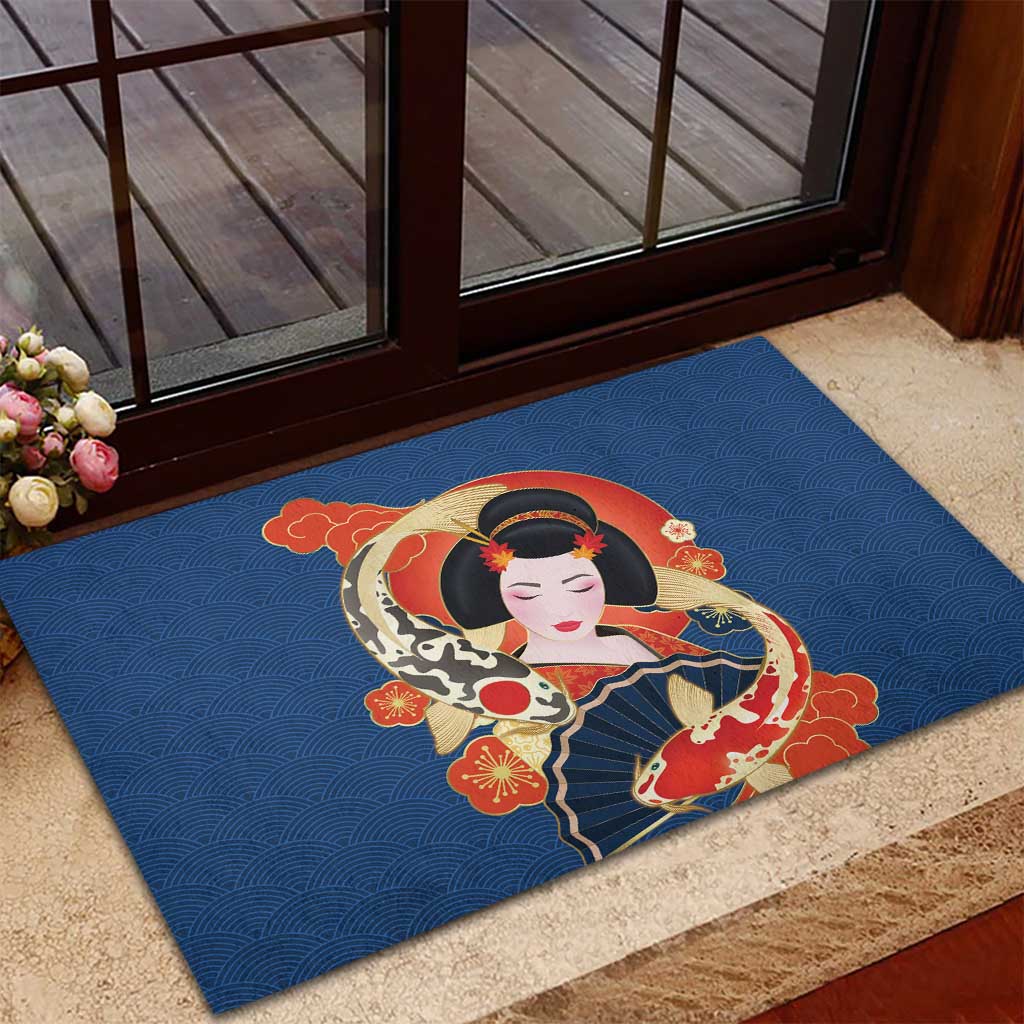 Japanese Geisha Koi Fish Rubber Doormat Cherry Blossoms Blue Seigaiha Pattern - Polynesian Pride