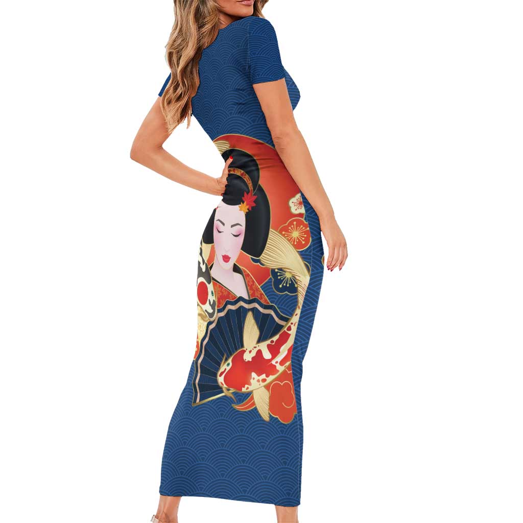Japanese Geisha Koi Fish Short Sleeve Bodycon Dress Cherry Blossoms Blue Seigaiha Pattern LT14 - Polynesian Pride