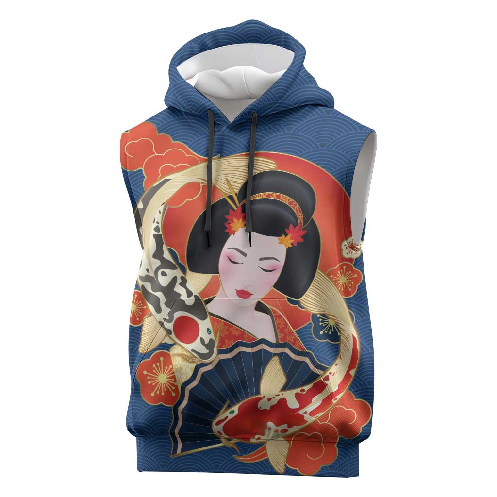 Japanese Geisha Koi Fish Sleeveless Hoodie Cherry Blossoms Blue Seigaiha Pattern LT14 Blue - Polynesian Pride
