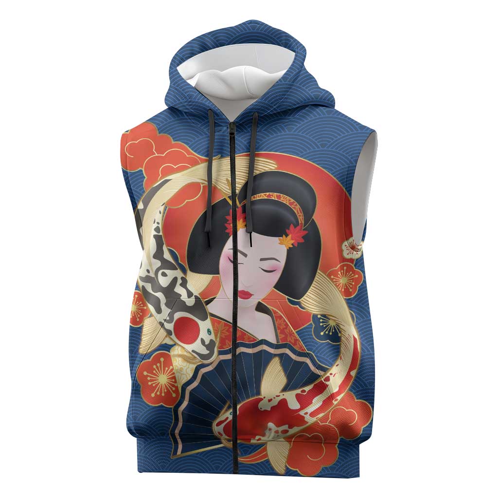 Japanese Geisha Koi Fish Sleeveless Zip Hoodie Cherry Blossoms Blue Seigaiha Pattern LT14 Blue - Polynesian Pride
