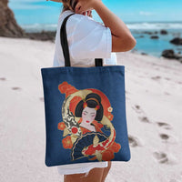 Japanese Geisha Koi Fish Tote Bag Cherry Blossoms Blue Seigaiha Pattern LT14 - Polynesian Pride