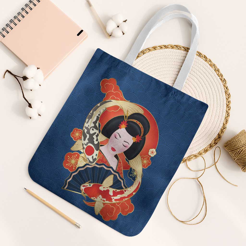 Japanese Geisha Koi Fish Tote Bag Cherry Blossoms Blue Seigaiha Pattern LT14 White Strap One Size Blue - Polynesian Pride