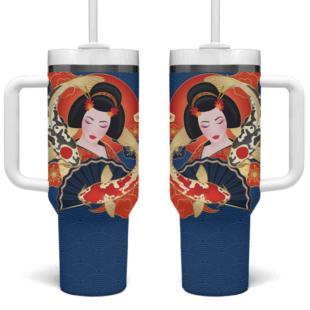Japanese Geisha Koi Fish Tumbler With Handle Cherry Blossoms Blue Seigaiha Pattern - Polynesian Pride