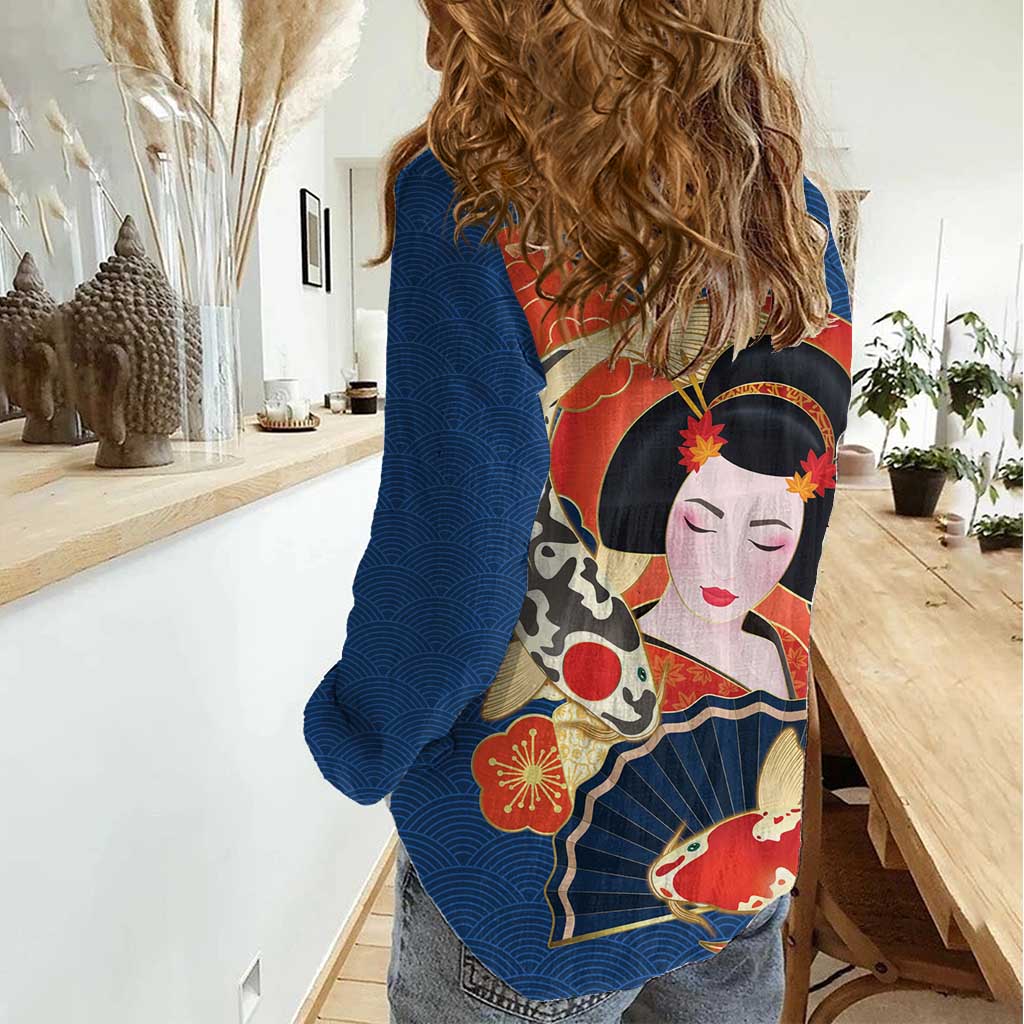 Japanese Geisha Koi Fish Women Casual Shirt Cherry Blossoms Blue Seigaiha Pattern - Polynesian Pride