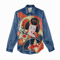 Japanese Geisha Koi Fish Women Casual Shirt Cherry Blossoms Blue Seigaiha Pattern - Polynesian Pride