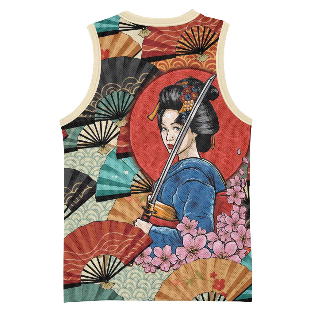 Japanese Geisha Katana Basketball Jersey Japan Sensu Seigaiha Pattern - Polynesian Pride