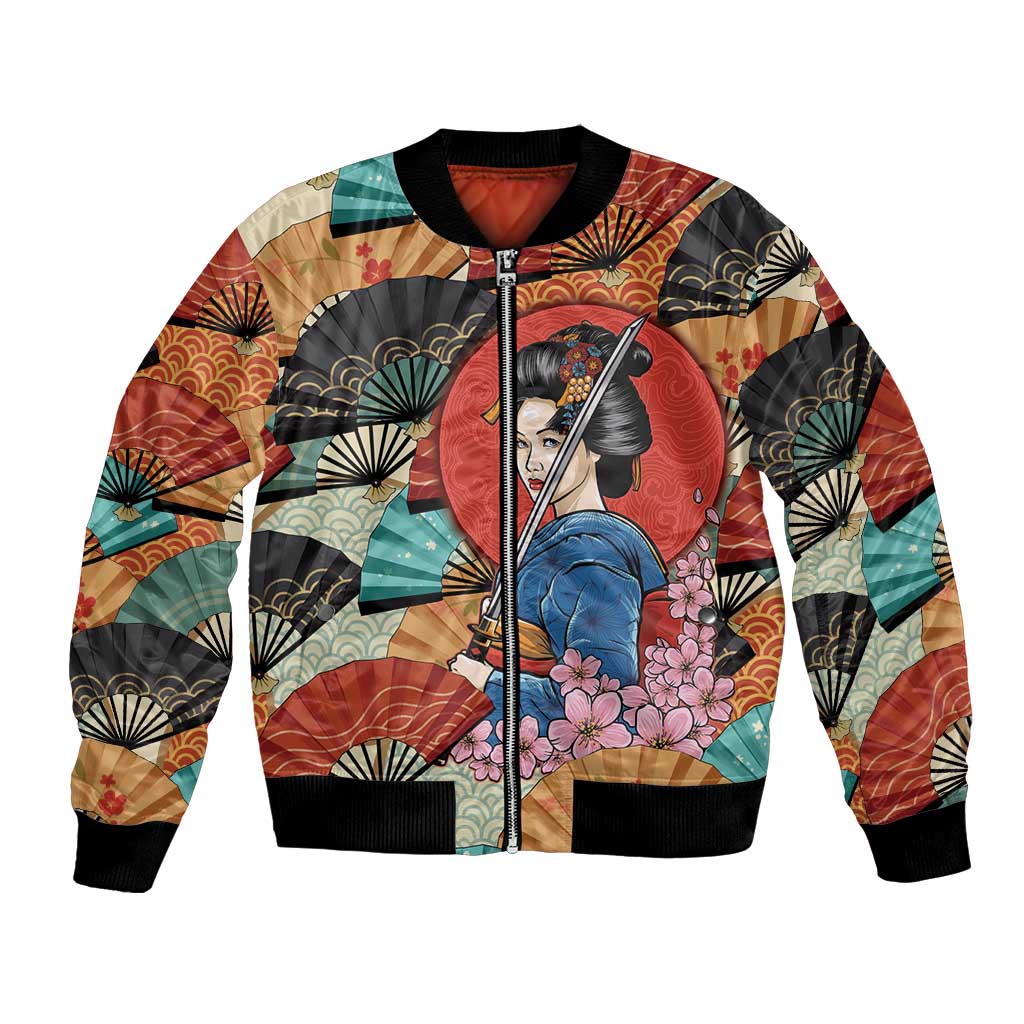 Japanese Geisha Katana Bomber Jacket Japan Sensu Seigaiha Pattern - Polynesian Pride