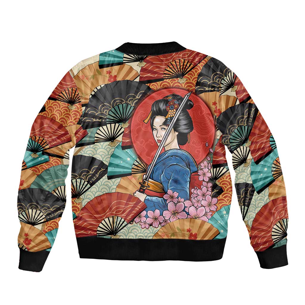 Japanese Geisha Katana Bomber Jacket Japan Sensu Seigaiha Pattern - Polynesian Pride