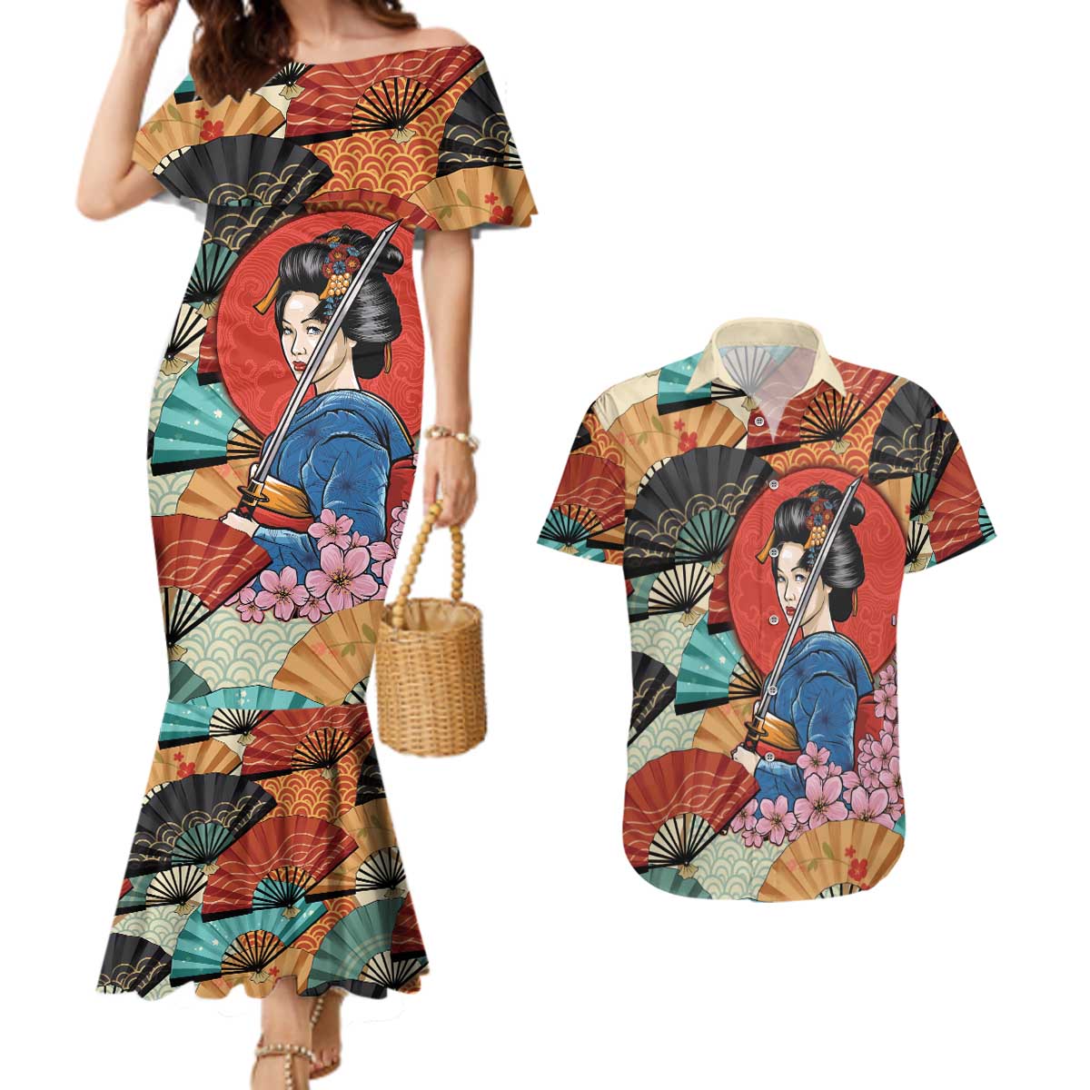 Japanese Geisha Katana Couples Matching Mermaid Dress and Hawaiian Shirt Japan Sensu Seigaiha Pattern LT14 Multicolor - Polynesian Pride
