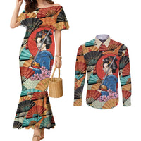 Japanese Geisha Katana Couples Matching Mermaid Dress and Long Sleeve Button Shirt Japan Sensu Seigaiha Pattern - Polynesian Pride