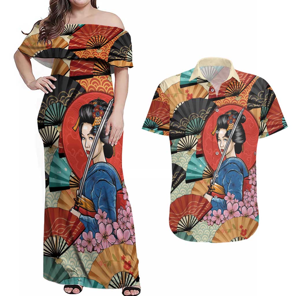 Japanese Geisha Katana Couples Matching Off Shoulder Maxi Dress and Hawaiian Shirt Japan Sensu Seigaiha Pattern LT14 Multicolor - Polynesian Pride