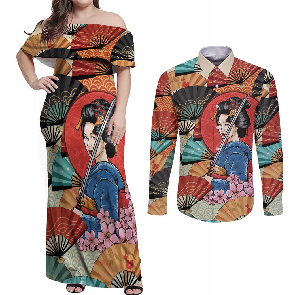 Japanese Geisha Katana Couples Matching Off Shoulder Maxi Dress and Long Sleeve Button Shirt Japan Sensu Seigaiha Pattern LT14 Multicolor - Polynesian Pride