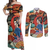 Japanese Geisha Katana Couples Matching Off Shoulder Maxi Dress and Long Sleeve Button Shirt Japan Sensu Seigaiha Pattern LT14 Multicolor - Polynesian Pride