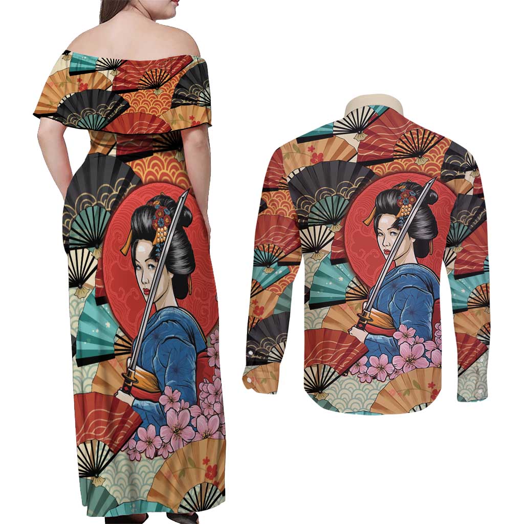 Japanese Geisha Katana Couples Matching Off Shoulder Maxi Dress and Long Sleeve Button Shirt Japan Sensu Seigaiha Pattern LT14 - Polynesian Pride