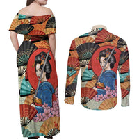 Japanese Geisha Katana Couples Matching Off Shoulder Maxi Dress and Long Sleeve Button Shirt Japan Sensu Seigaiha Pattern LT14 - Polynesian Pride