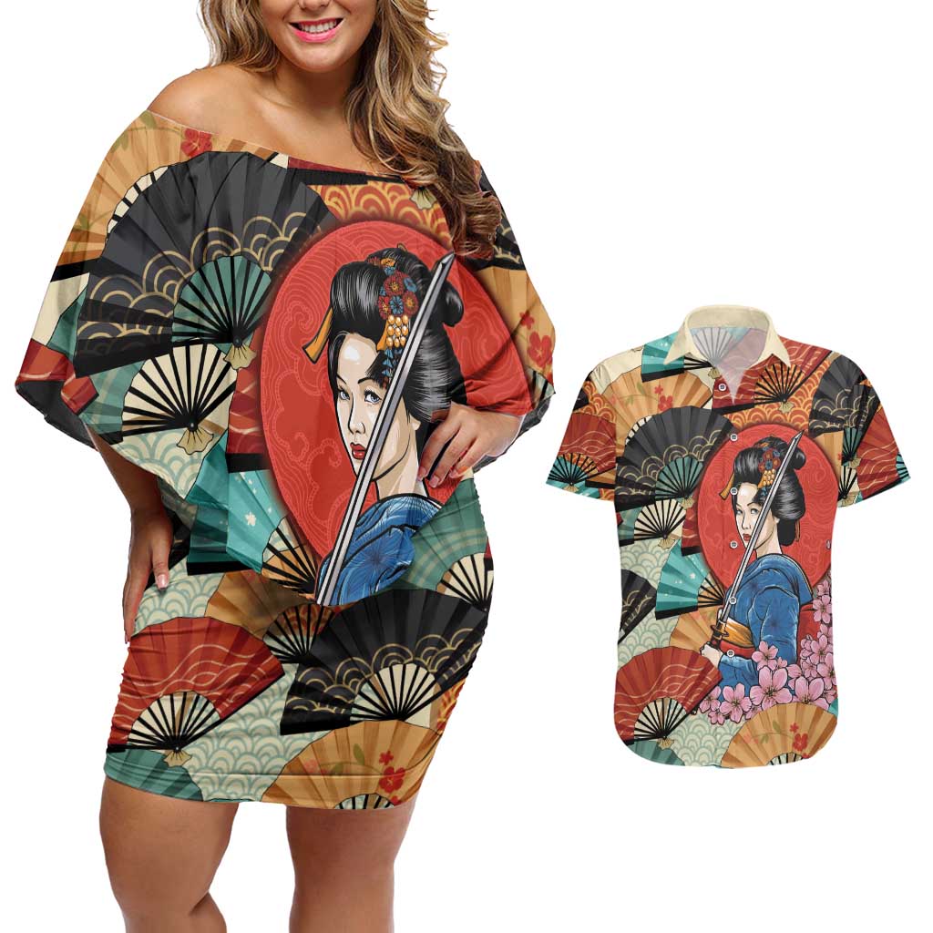 Japanese Geisha Katana Couples Matching Off Shoulder Short Dress and Hawaiian Shirt Japan Sensu Seigaiha Pattern LT14 Multicolor - Polynesian Pride