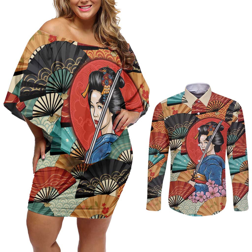 Japanese Geisha Katana Couples Matching Off Shoulder Short Dress and Long Sleeve Button Shirt Japan Sensu Seigaiha Pattern LT14 Multicolor - Polynesian Pride