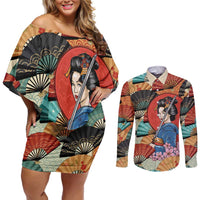 Japanese Geisha Katana Couples Matching Off Shoulder Short Dress and Long Sleeve Button Shirt Japan Sensu Seigaiha Pattern LT14 Multicolor - Polynesian Pride