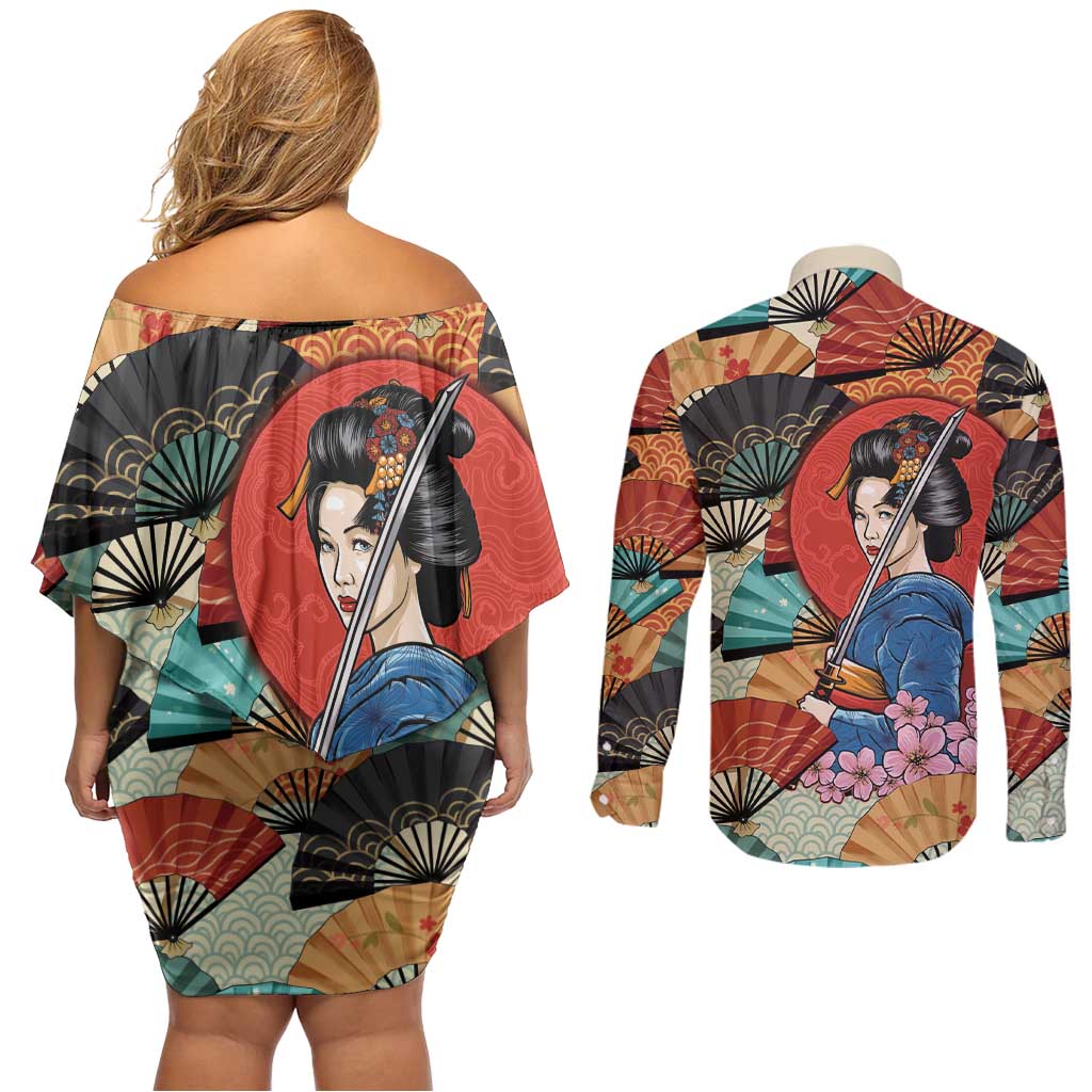 Japanese Geisha Katana Couples Matching Off Shoulder Short Dress and Long Sleeve Button Shirt Japan Sensu Seigaiha Pattern LT14 - Polynesian Pride