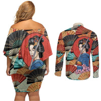 Japanese Geisha Katana Couples Matching Off Shoulder Short Dress and Long Sleeve Button Shirt Japan Sensu Seigaiha Pattern LT14 - Polynesian Pride