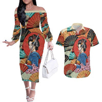 Japanese Geisha Katana Couples Matching Off The Shoulder Long Sleeve Dress and Hawaiian Shirt Japan Sensu Seigaiha Pattern - Polynesian Pride