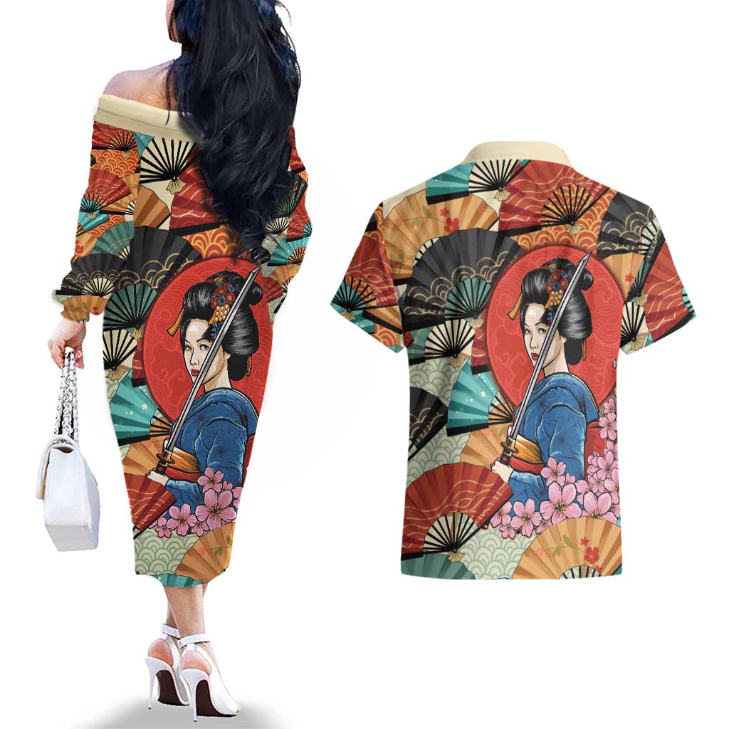 Japanese Geisha Katana Couples Matching Off The Shoulder Long Sleeve Dress and Hawaiian Shirt Japan Sensu Seigaiha Pattern - Polynesian Pride
