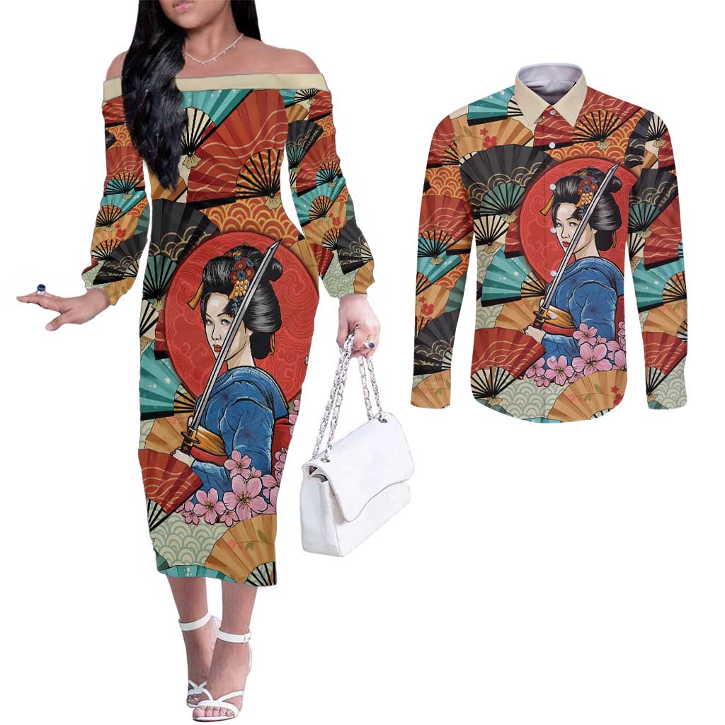 Japanese Geisha Katana Couples Matching Off The Shoulder Long Sleeve Dress and Long Sleeve Button Shirt Japan Sensu Seigaiha Pattern - Polynesian Pride