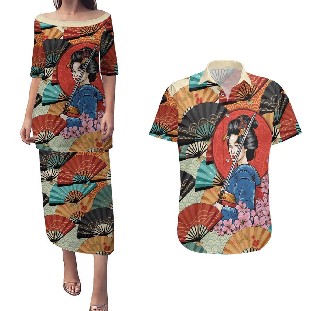 Japanese Geisha Katana Couples Matching Puletasi and Hawaiian Shirt Japan Sensu Seigaiha Pattern LT14 Multicolor - Polynesian Pride