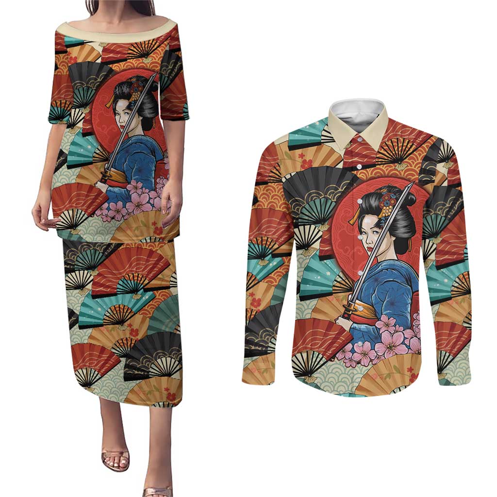 Japanese Geisha Katana Couples Matching Puletasi and Long Sleeve Button Shirt Japan Sensu Seigaiha Pattern LT14 Multicolor - Polynesian Pride