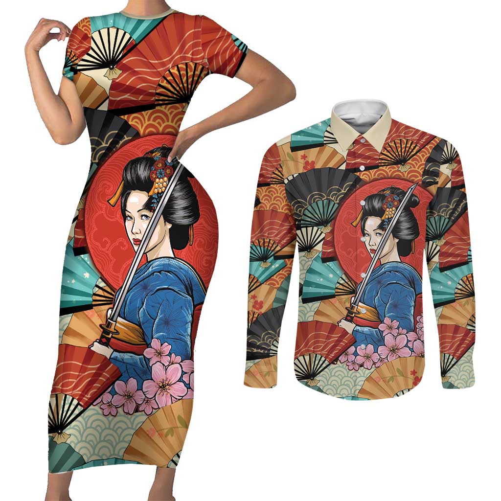 Japanese Geisha Katana Couples Matching Short Sleeve Bodycon Dress and Long Sleeve Button Shirt Japan Sensu Seigaiha Pattern LT14 Multicolor - Polynesian Pride
