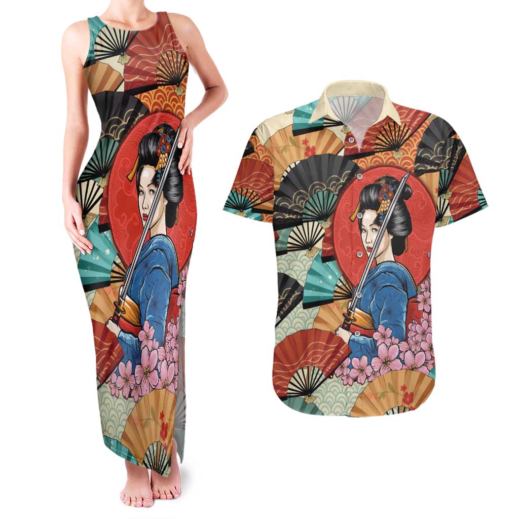 Japanese Geisha Katana Couples Matching Tank Maxi Dress and Hawaiian Shirt Japan Sensu Seigaiha Pattern LT14 Multicolor - Polynesian Pride