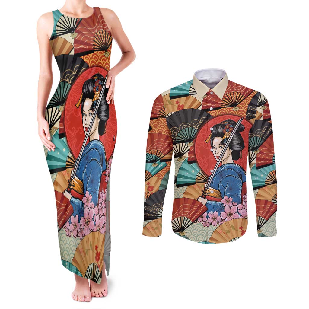 Japanese Geisha Katana Couples Matching Tank Maxi Dress and Long Sleeve Button Shirt Japan Sensu Seigaiha Pattern LT14 Multicolor - Polynesian Pride