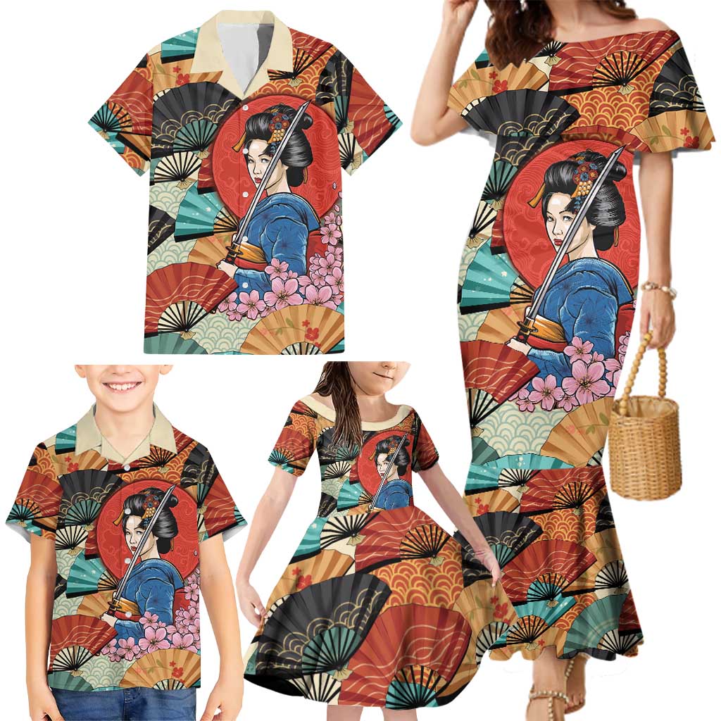 Japanese Geisha Katana Family Matching Mermaid Dress and Hawaiian Shirt Japan Sensu Seigaiha Pattern - Polynesian Pride