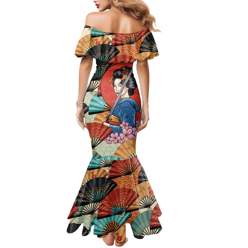 Japanese Geisha Katana Family Matching Mermaid Dress and Hawaiian Shirt Japan Sensu Seigaiha Pattern - Polynesian Pride
