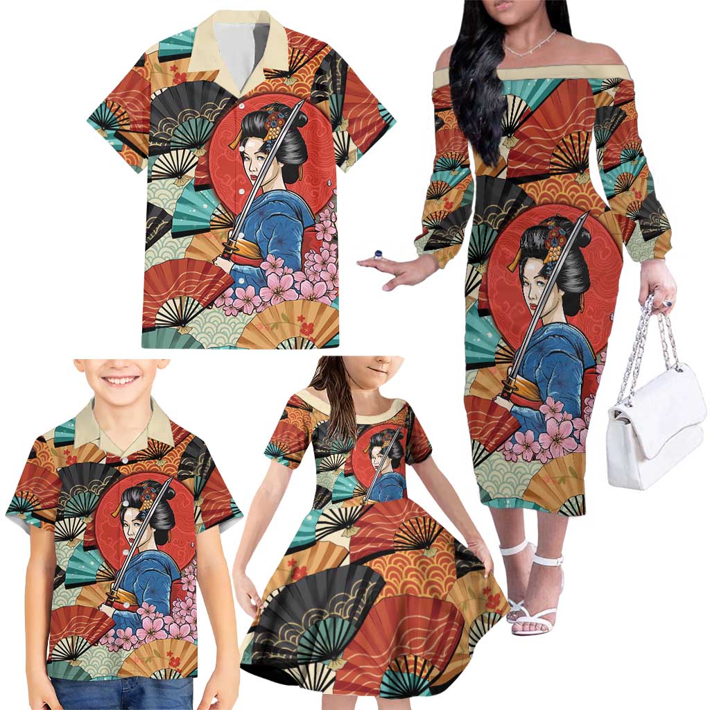 Japanese Geisha Katana Family Matching Off The Shoulder Long Sleeve Dress and Hawaiian Shirt Japan Sensu Seigaiha Pattern - Polynesian Pride