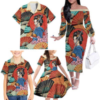 Japanese Geisha Katana Family Matching Off The Shoulder Long Sleeve Dress and Hawaiian Shirt Japan Sensu Seigaiha Pattern - Polynesian Pride