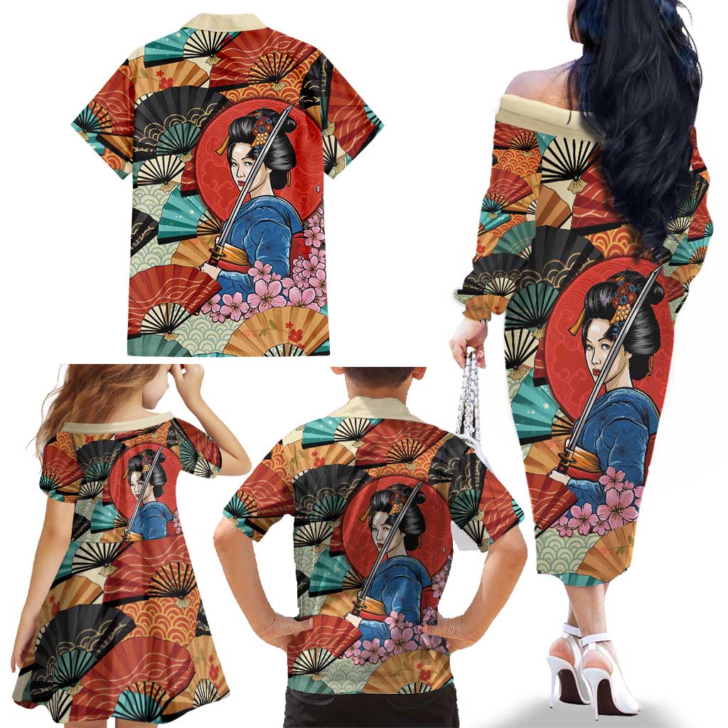 Japanese Geisha Katana Family Matching Off The Shoulder Long Sleeve Dress and Hawaiian Shirt Japan Sensu Seigaiha Pattern - Polynesian Pride