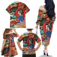 Japanese Geisha Katana Family Matching Off The Shoulder Long Sleeve Dress and Hawaiian Shirt Japan Sensu Seigaiha Pattern - Polynesian Pride