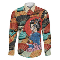 Japanese Geisha Katana Family Matching Off The Shoulder Long Sleeve Dress and Hawaiian Shirt Japan Sensu Seigaiha Pattern - Polynesian Pride